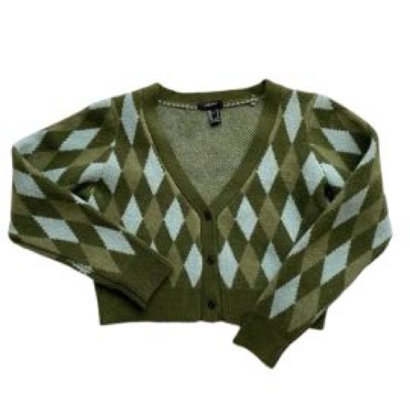 Forever 21 Olive and Light Blue Argyle Cardigan - Picture 1 of 5